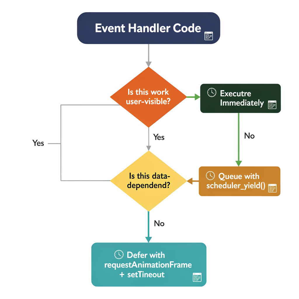 Flowchart showing event handler code execution based on user visibility and data dependency, with three decision branches for handling timing and scheduling to support Interaction to Next Paint (INP) Optimization.