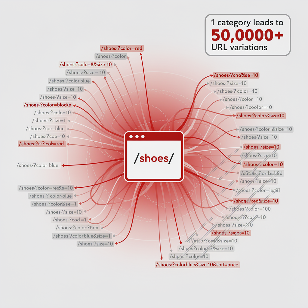 A central /shoes/ URL branches out to many variations, illustrating how one category can generate over 50,000 different URLs—highlighting the importance of Crawl Budget Optimization.