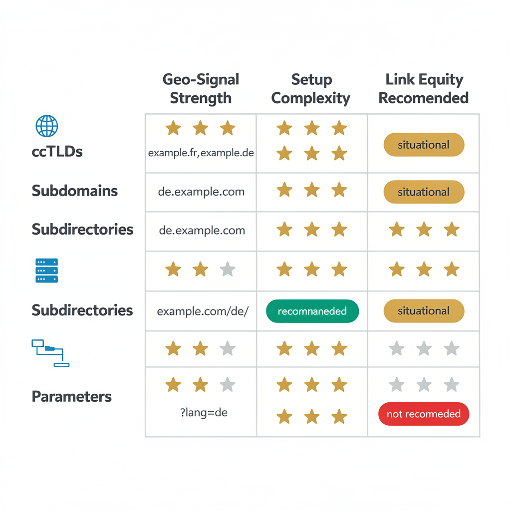 Table comparing ccTLDs, subdomains, subdirectories, and parameters—featuring stars and labels for geo-signal strength, setup complexity, and link equity. See how each setup supports international SEO in our Hreflang Implementation Guide.