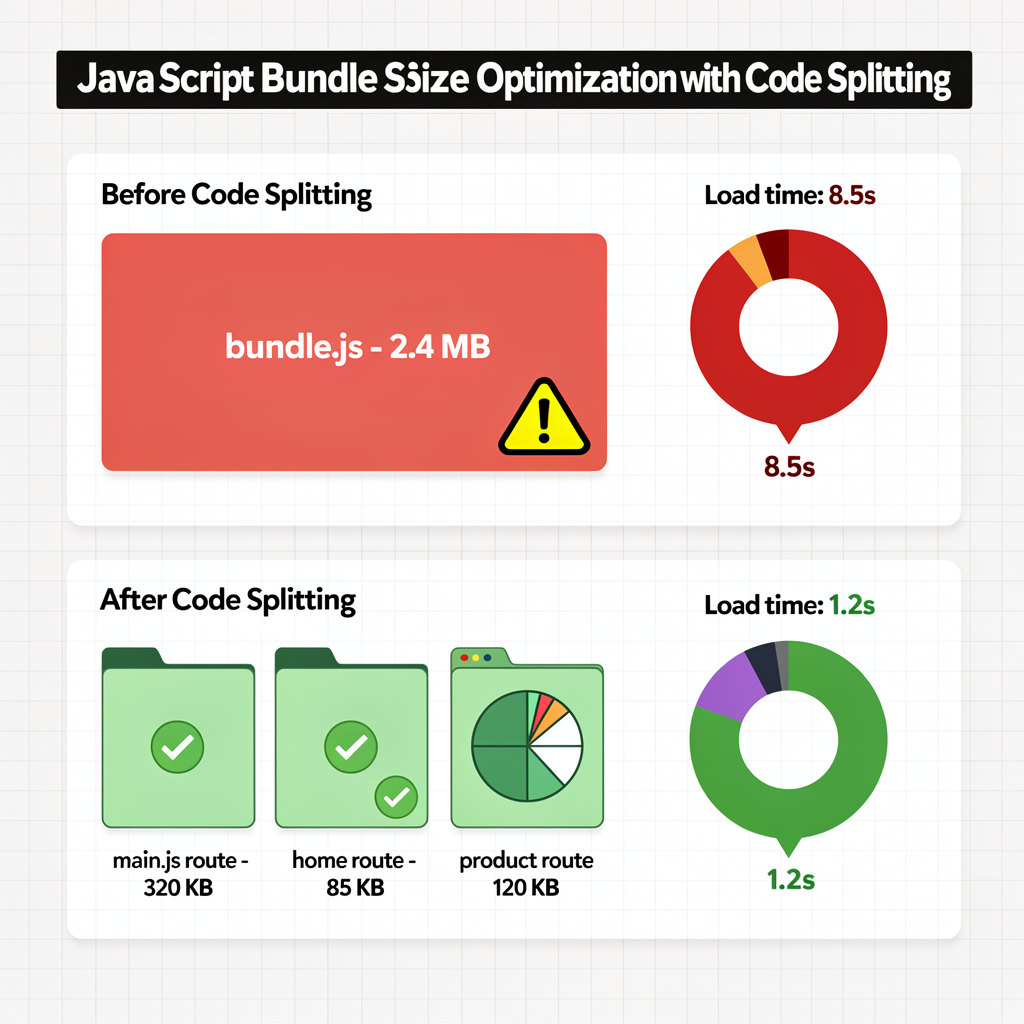 A comparison of JavaScript bundle size before and after code splitting, highlighting reduced file sizes, faster load times from 8.5s to 1.2s, and improved SEO for React Applications.