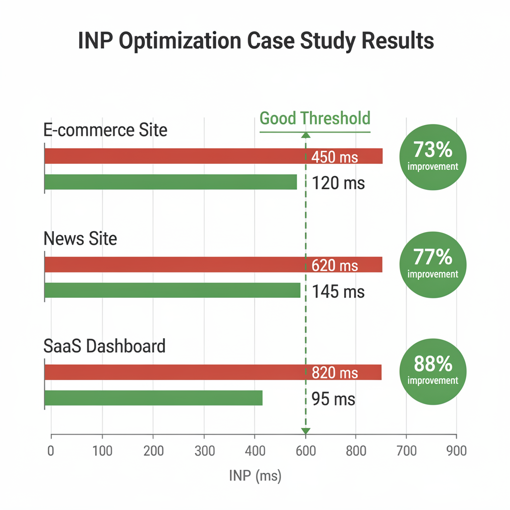 Bar chart showing Interaction to Next Paint (INP) Optimization reduction for E-commerce, News, and SaaS sites, highlighting percentage improvements and each site's results compared to a 200ms good threshold.