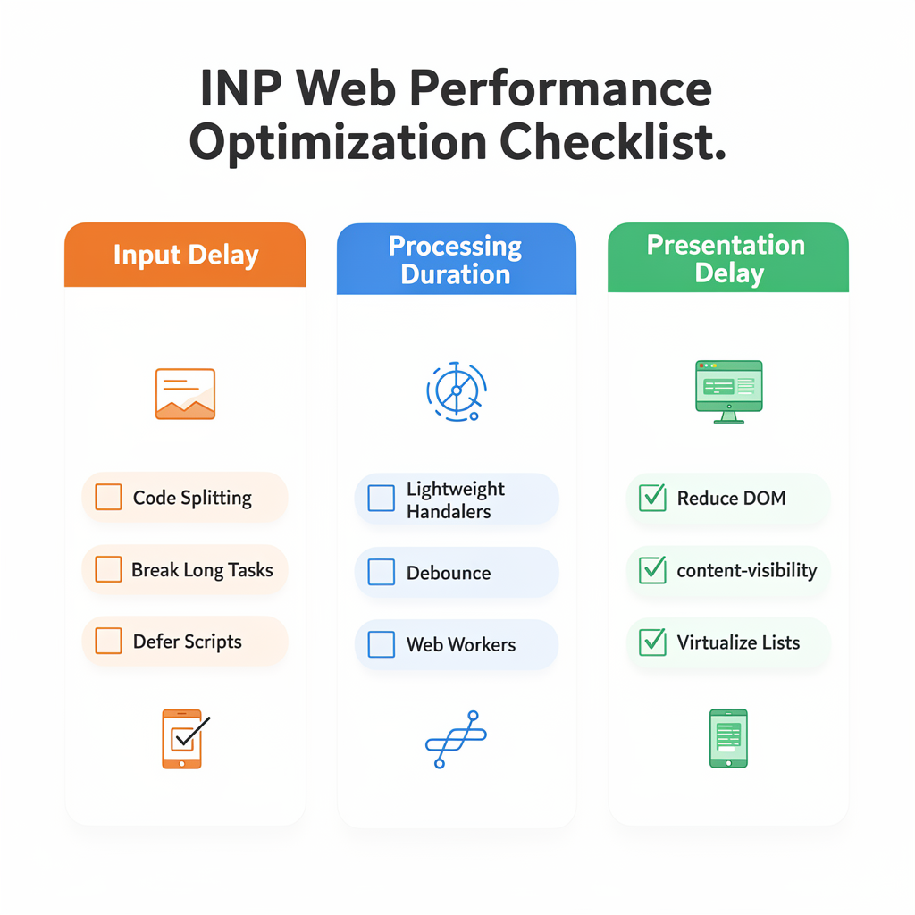 INP web performance checklist featuring columns for Interaction to Next Paint (INP) Optimization, input delay, processing duration, and presentation delay—each with optimization techniques, checkboxes, and icons.