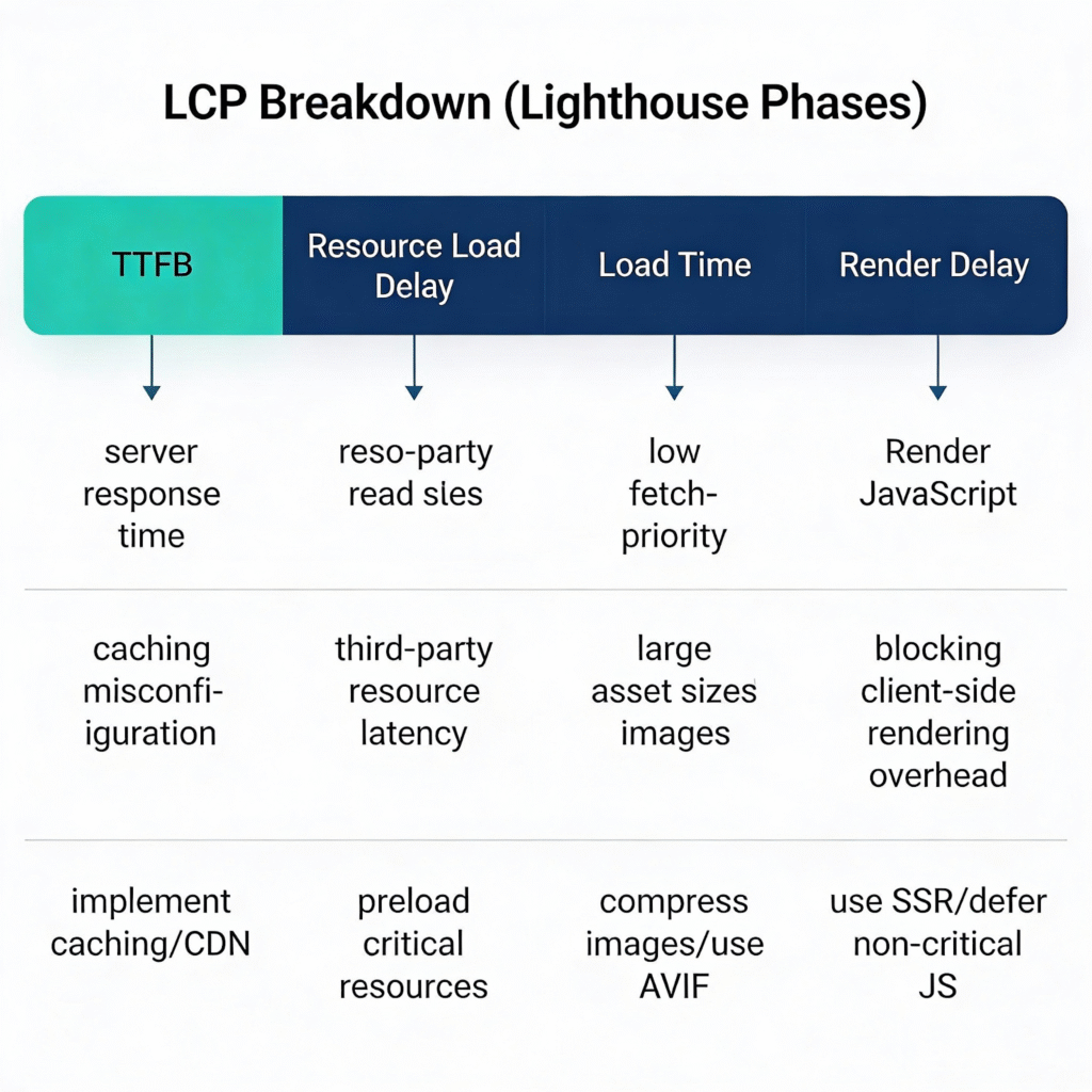 A chart showing four Lighthouse phases of LCP: TTFB, Resource Load Delay, Load Time, and Render Delay, each with explanations and corresponding optimization strategies.