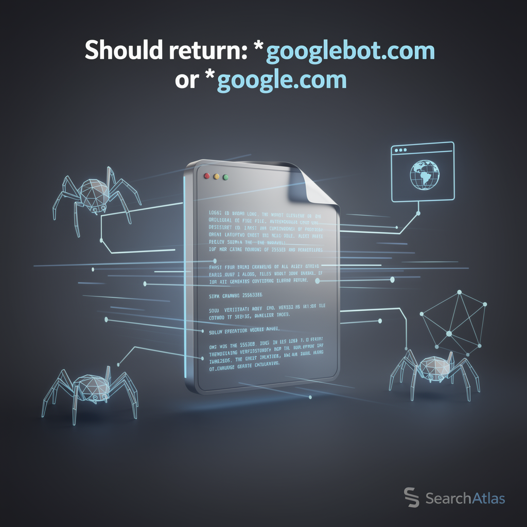 A digital illustration shows code on a screen surrounded by spider-like bots and network icons, with the text "Should return: *googlebot.com or *google.com" at the top.