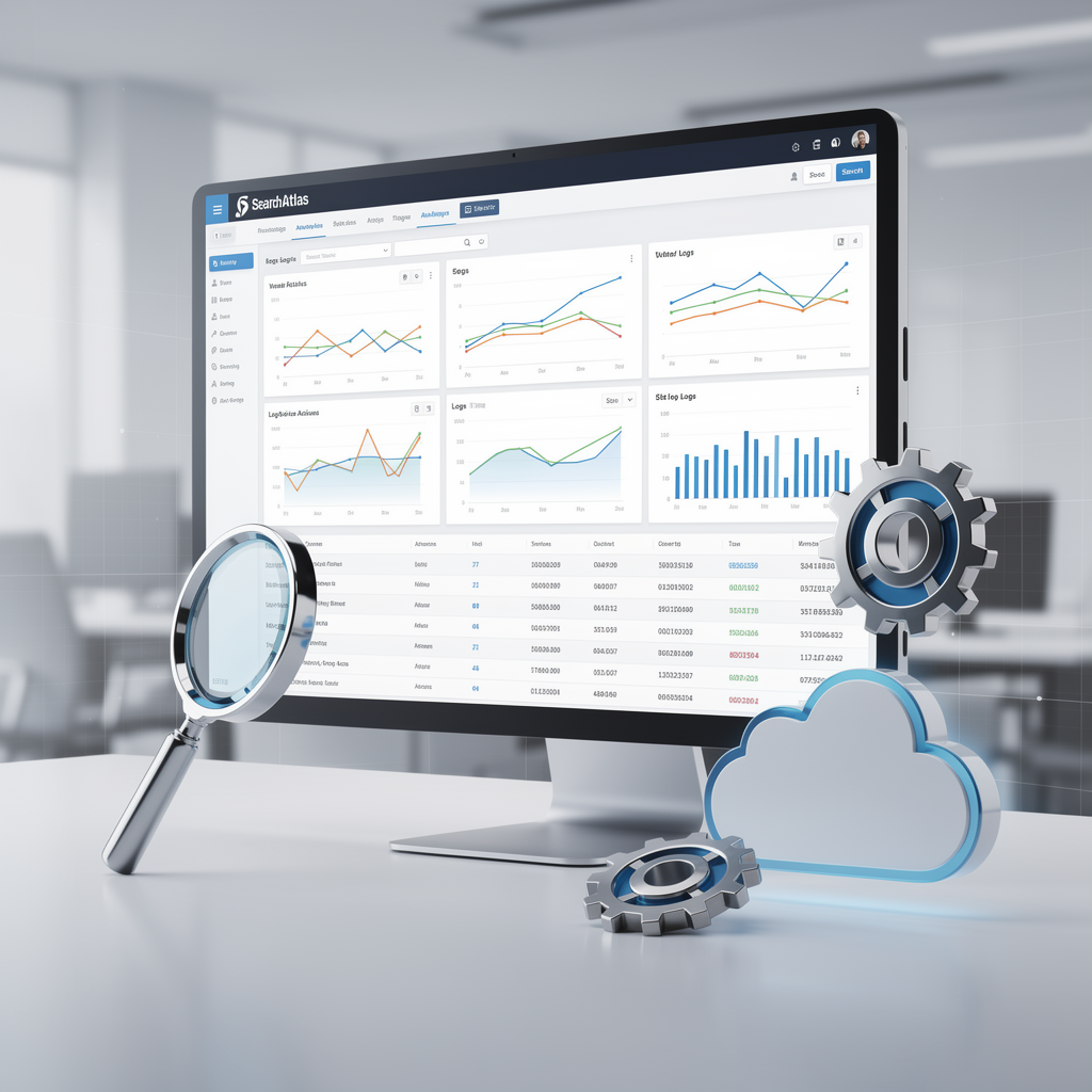 A computer monitor displays data analytics dashboards with charts and graphs; a magnifying glass, cloud, and gears sit in the foreground, suggesting analysis and cloud computing.