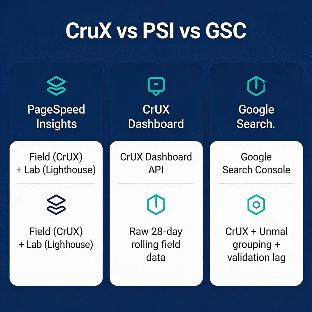 Comparison chart of PageSpeed Insights, CrUX Dashboard, and Google Search Console, showing data sources and features for each web performance tool.