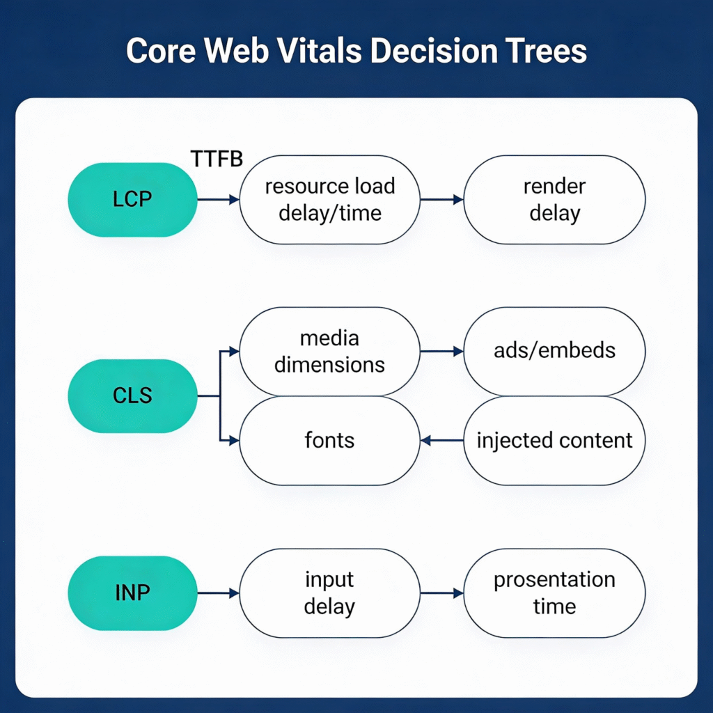 Flowchart outlining decision factors for Core Web Vitals: LCP (load and render delay), CLS (media, fonts, embeds, content), and INP (input and presentation delay).