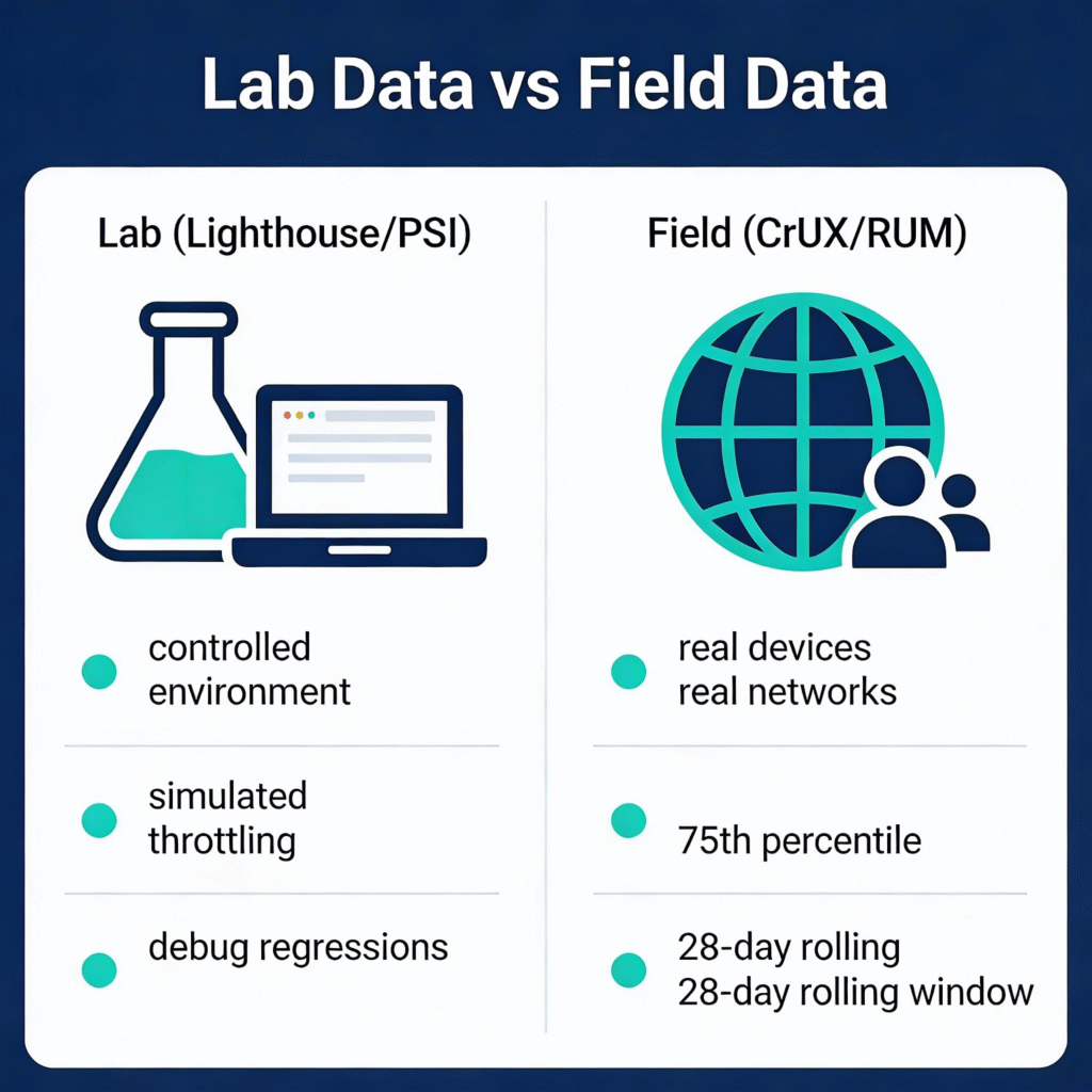 A comparison chart of lab data and field data, listing key features of each such as environment control, throttling, and percentile calculations.