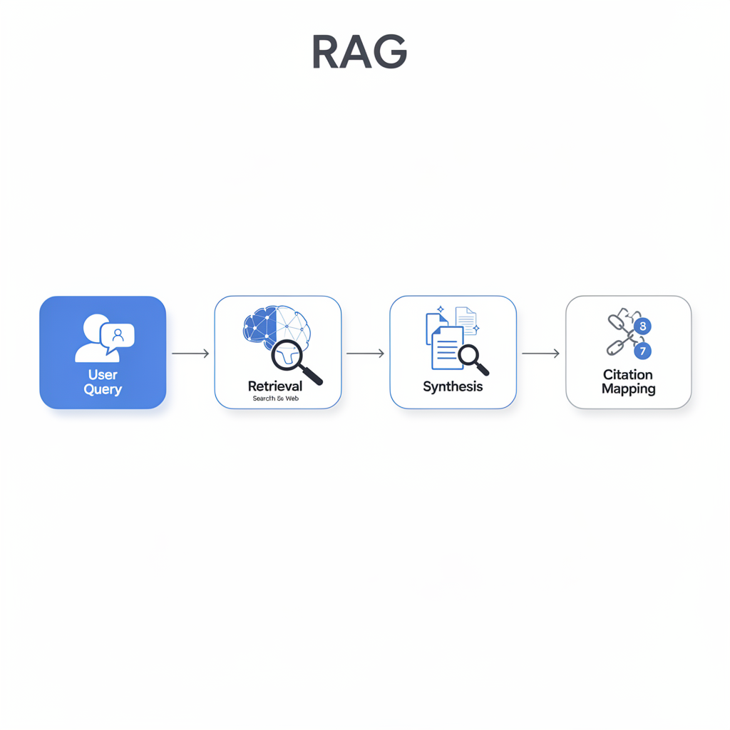 A flowchart illustrating the RAG process and AI Overviews Optimization: User Query, Retrieval, Synthesis, and Citation Mapping, each shown as connected labeled boxes with icons.